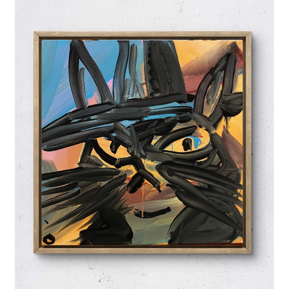 OMAN Original Abstract Black Cat Painting 12x12 Canvas Neo-Expressionist Art